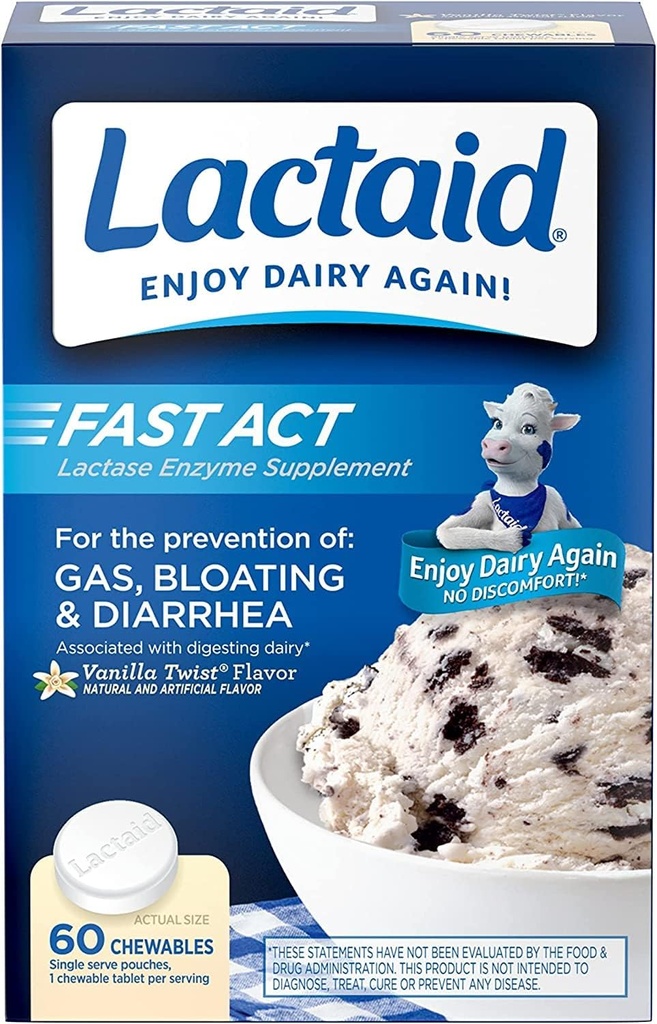 Lactase Enzyme를 가진 Lactaid 빠른 행동 Lactose Intolerance 기복 Chewables는 가스, Bloating & Diarrhea 때문에 LactoseSensitivity, Travel&On-the-Go, 바닐라 강선전도, 1-ct. (5pk)의 60 팩을 방지하기 위하여 작동합니다