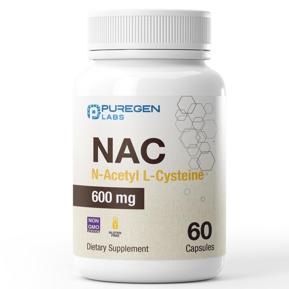 Puregen Labs N-Acetyl-L-Cysteine (NAC) 600mg, 산화 방지제 지원 보충교재, NAC 600 mg, 쉬운 흡수 - 60 채식 캡슐