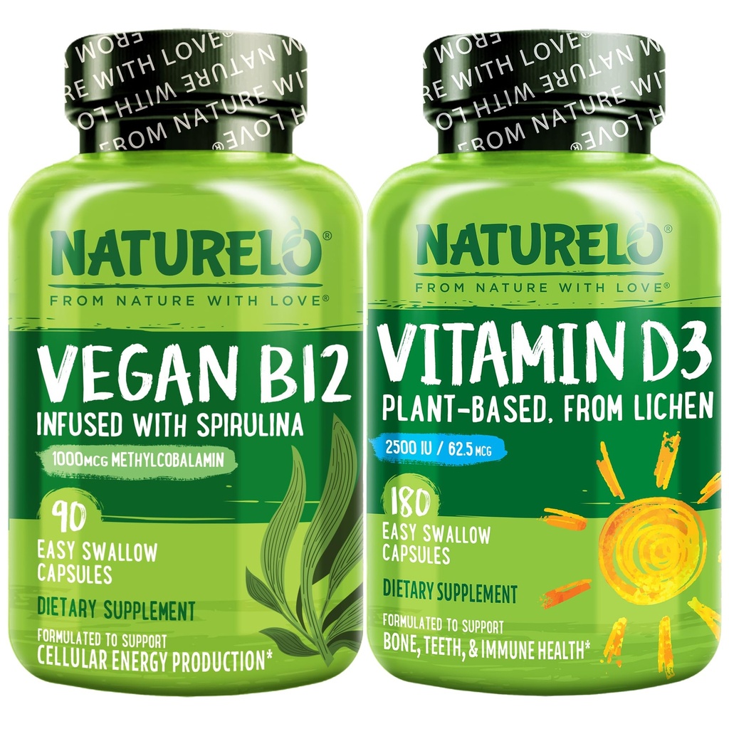 NATURELO 비타민 D - Lichen 기반 식물 - 180 미니 캡슐, Vegan B12, 1000 mcg Methylcobalamin - 90 캡슐