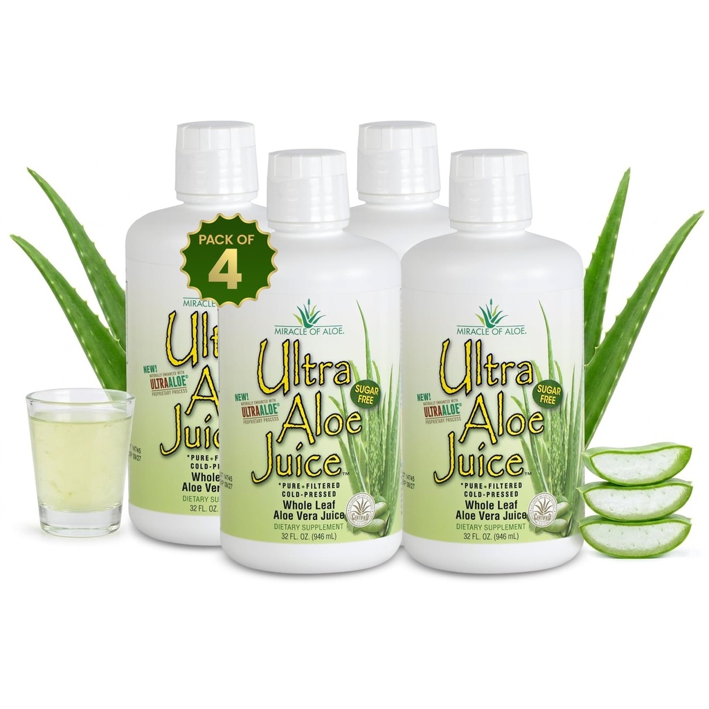 Aloe Ultra Aloe Vera Juice의 기적, 1 Qt. 4 팩, 전체 리프, 순수, 필터링, 콘텐츠 및 순도 인증 (Gallon)