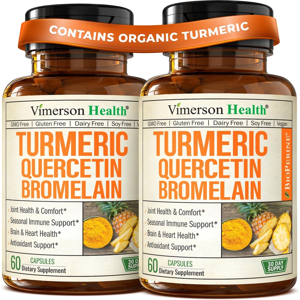 Bromelain Turmeric Curcumin 보충과 함께 Quercetin - 알레르기 완화, 관절 및 면역 지원 - 블랙 페퍼 (비슈틴)와 유기 심황 보충 - Quercetin 500mg 캡슐 2 팩