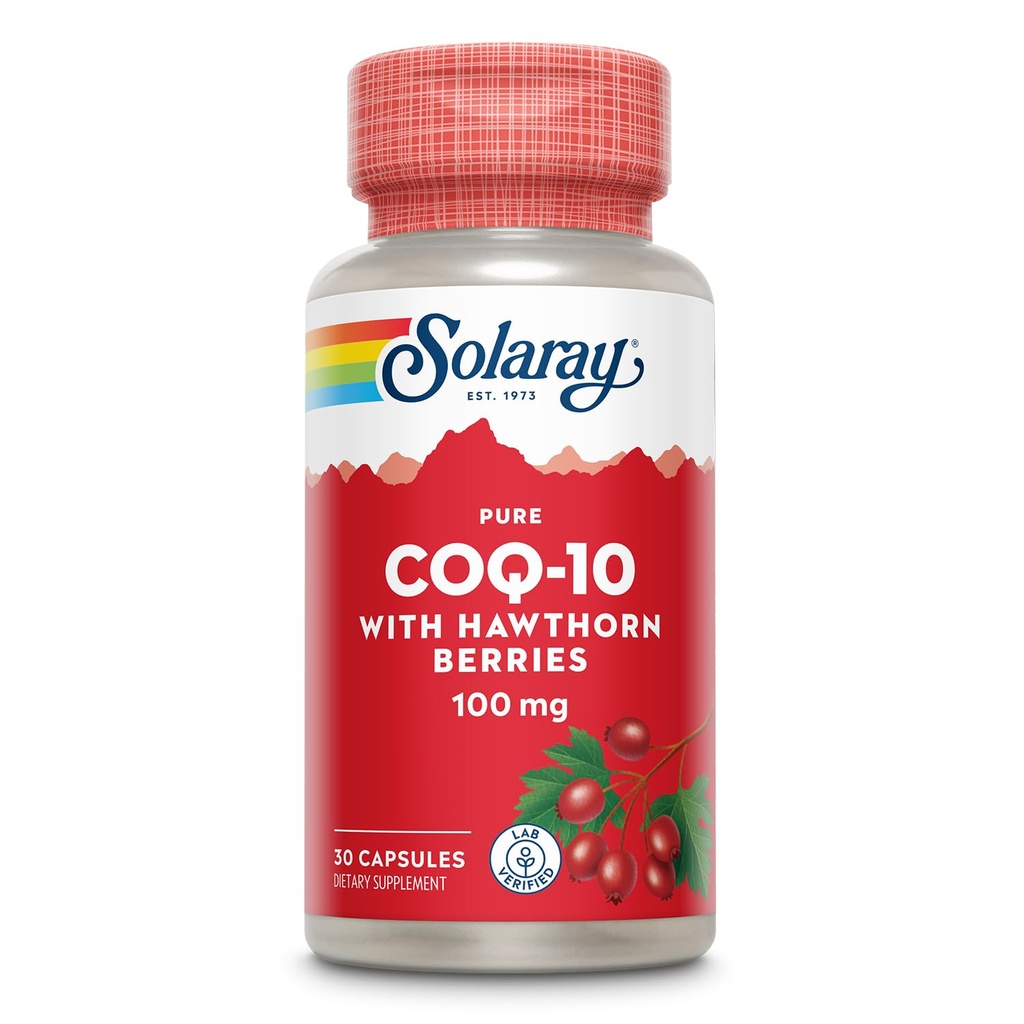 Solaray 순수한 CoQ10 100mg Hawthorn Berry, CoEnzyme Q10와 비타민 E 셀룰러 에너지 및 심장 건강 지원, 실험실 검증, 60 일 보증, 30 인분, 30 캡슐
