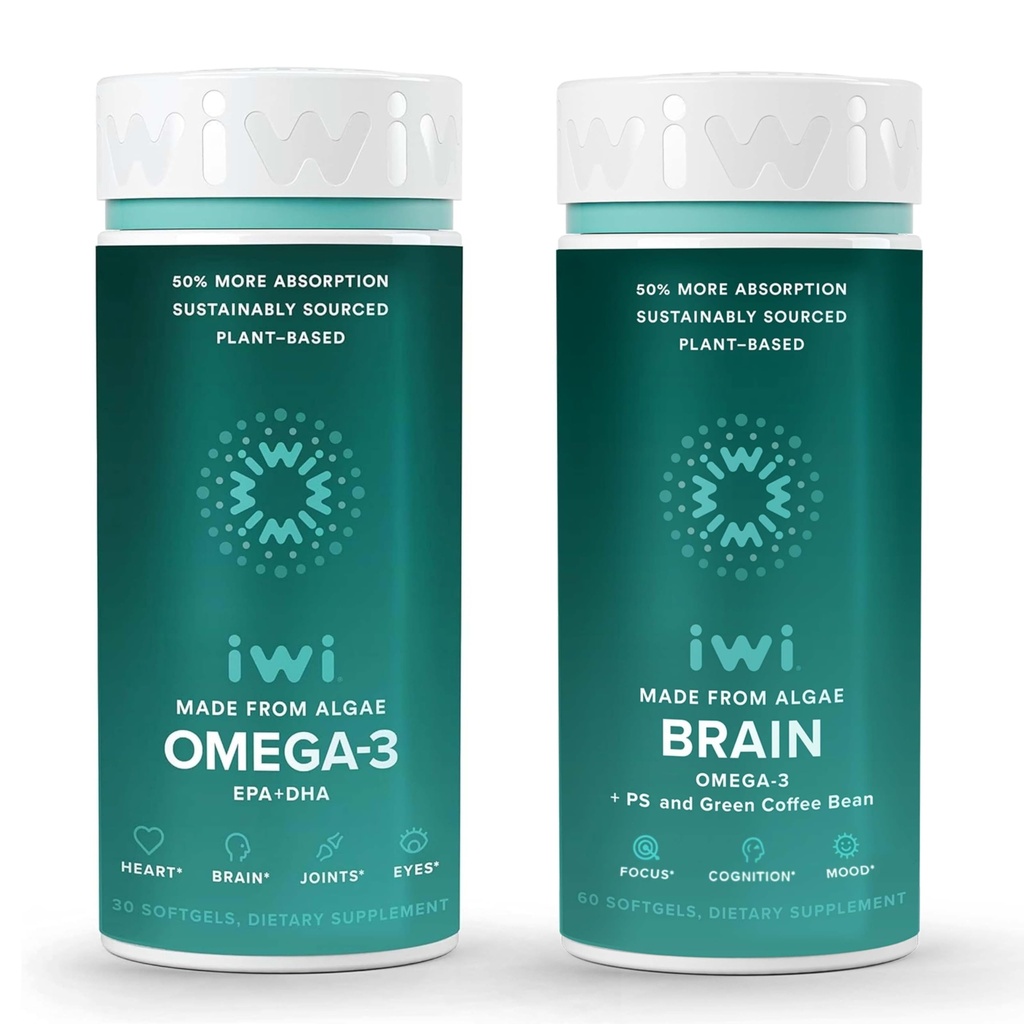 Iwi Omega-3 & Brain Omega-3 번들, 30 서빙, Vegan Plant-Based Algae Omega 3 EPA + DHA, Krill & Fish Oil Alternatives, No Fishy Aftertaste