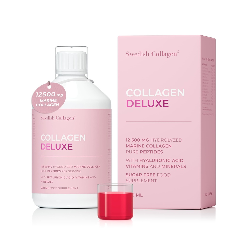 스웨덴어 콜라겐 디럭스 | 12,500 mg 하이드로즈드 마린 콜라겐 액체 보충 - 500 ml, 20 일 공급 | Hyaluronic 산, Biotin 및 비타민 C 건강한 모발, 피부, 손톱 지원| Sugar-Free