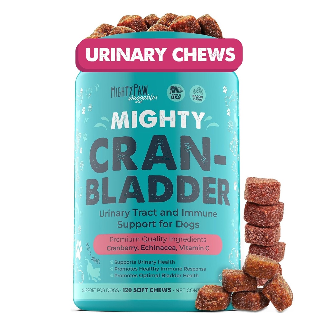 Mighty Paw Waggables Cran-Bladder (미국에서 미들) | 개를위한 Vet 공식 크랜베리 보충 – 개를위한 크랜베리 체스, Urinary Tract & Bladder 지원, 바콘 맛, 120 소프트 체스