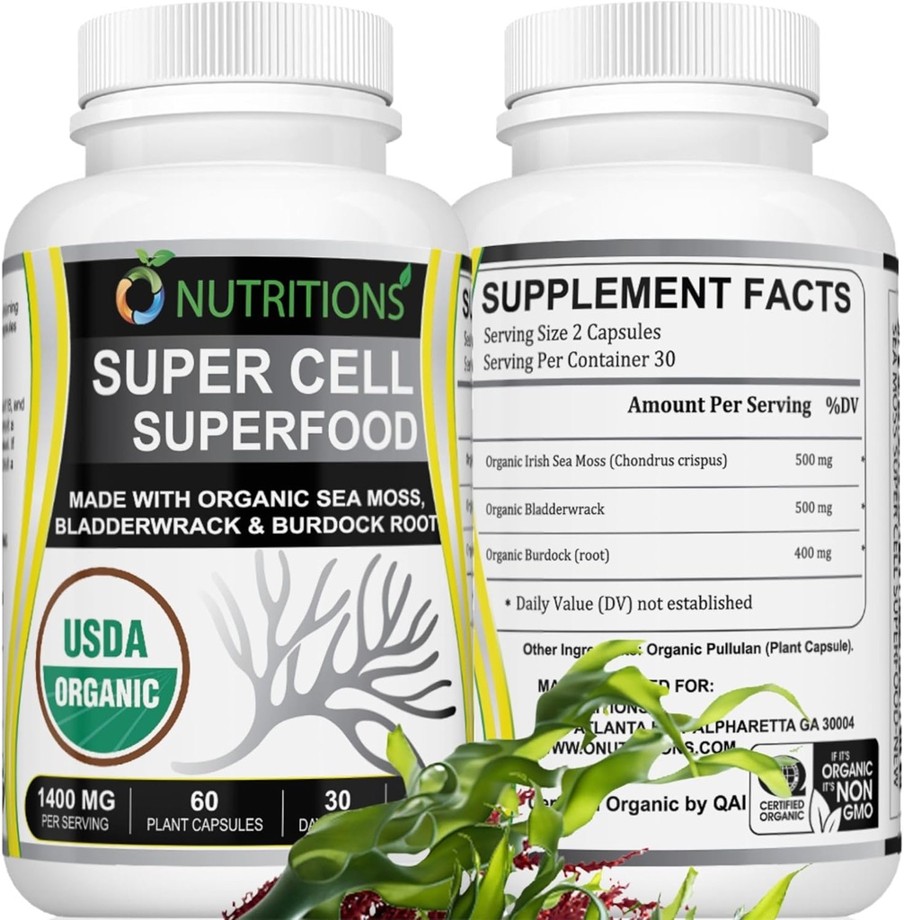 Sea Moss 60 캡슐 USDA는 Bladderwrack & Burdock 뿌리를 가진 유기 아일랜드어 바다 Moss 캡슐을 증명했습니다 – 남자와 여자를 위한 면역 지원 보충교재 – 여성 비타민과 남자 비타민 (1 팩)