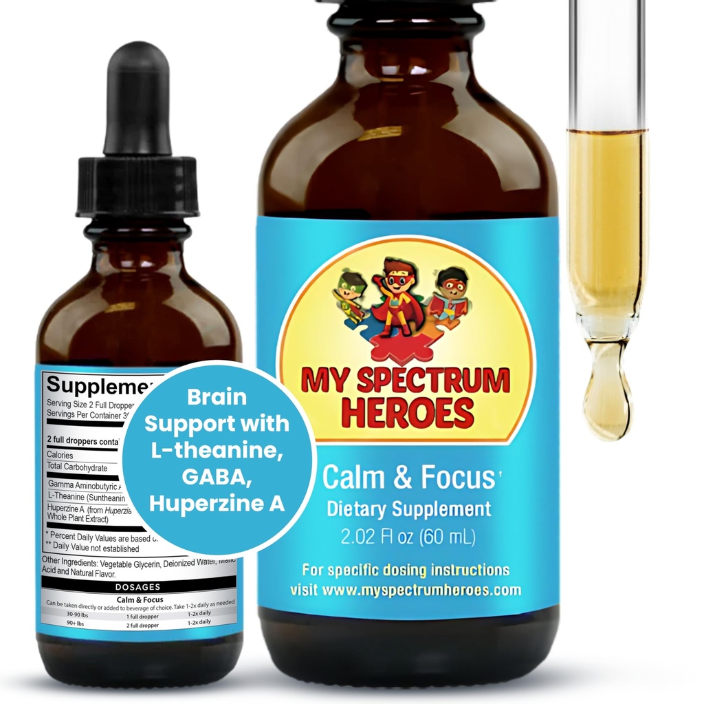 My Spectrum Heroes Calm & Focus Supplement Drops - L-theanine, GABA, Huperzine A와 뇌 지원 - 아이 또는 성인을위한 향상된 초점 - 아이 및 청소년을위한 부스트 농축 - 2.02 FL oz. (60 ml)