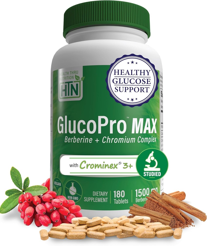 Health Thru Nutrition GlucoPro Max - 1,500mg Berberine, Chrominex + Chromium 및 1,000mg Cinnamon | Vegan, Non-GMO, 글루텐 무료 | 180 팩