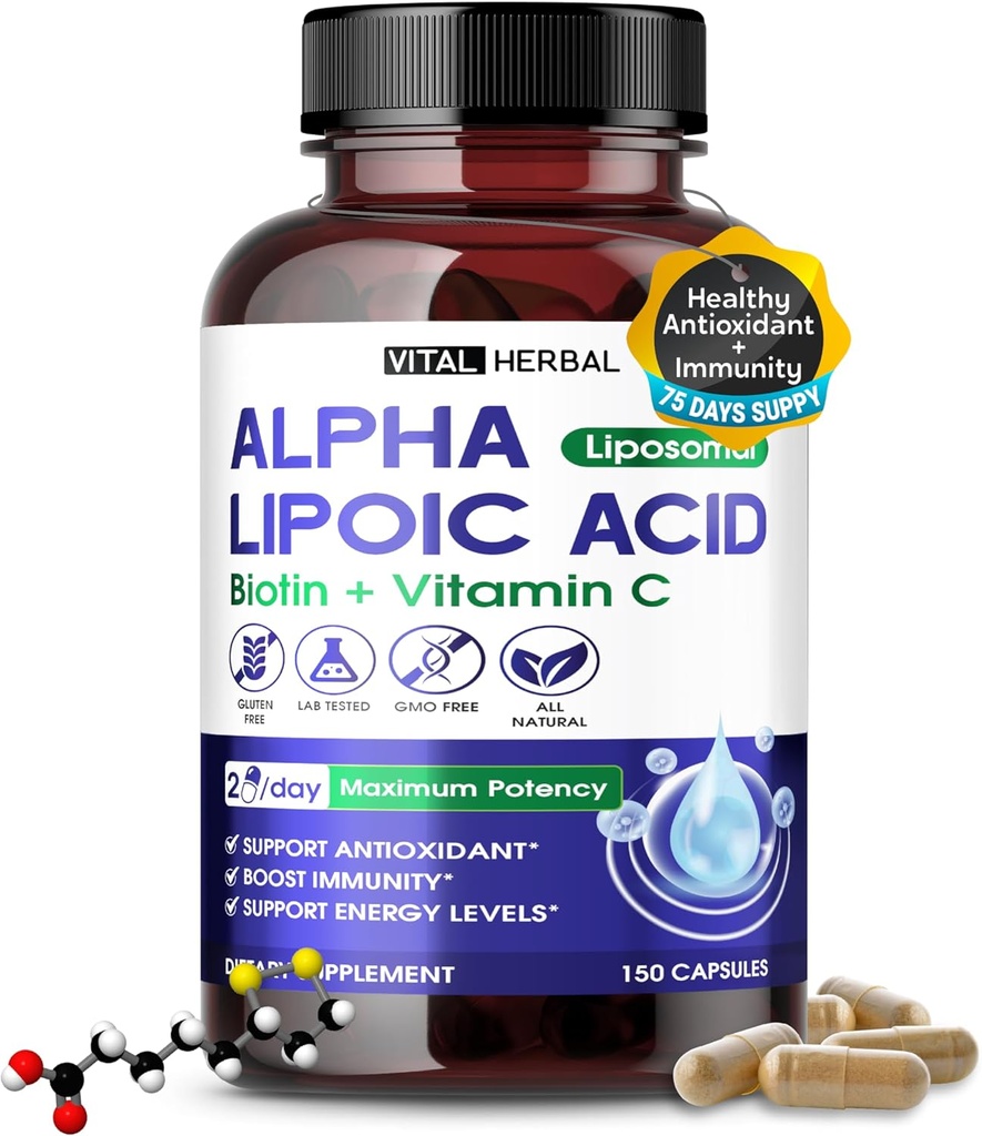 VITAL HERBAL Liposomal 알파 Lipoic Acid with Biotin, 비타민 C- 최대 효능 - 미국 에너지 레벨 지원
