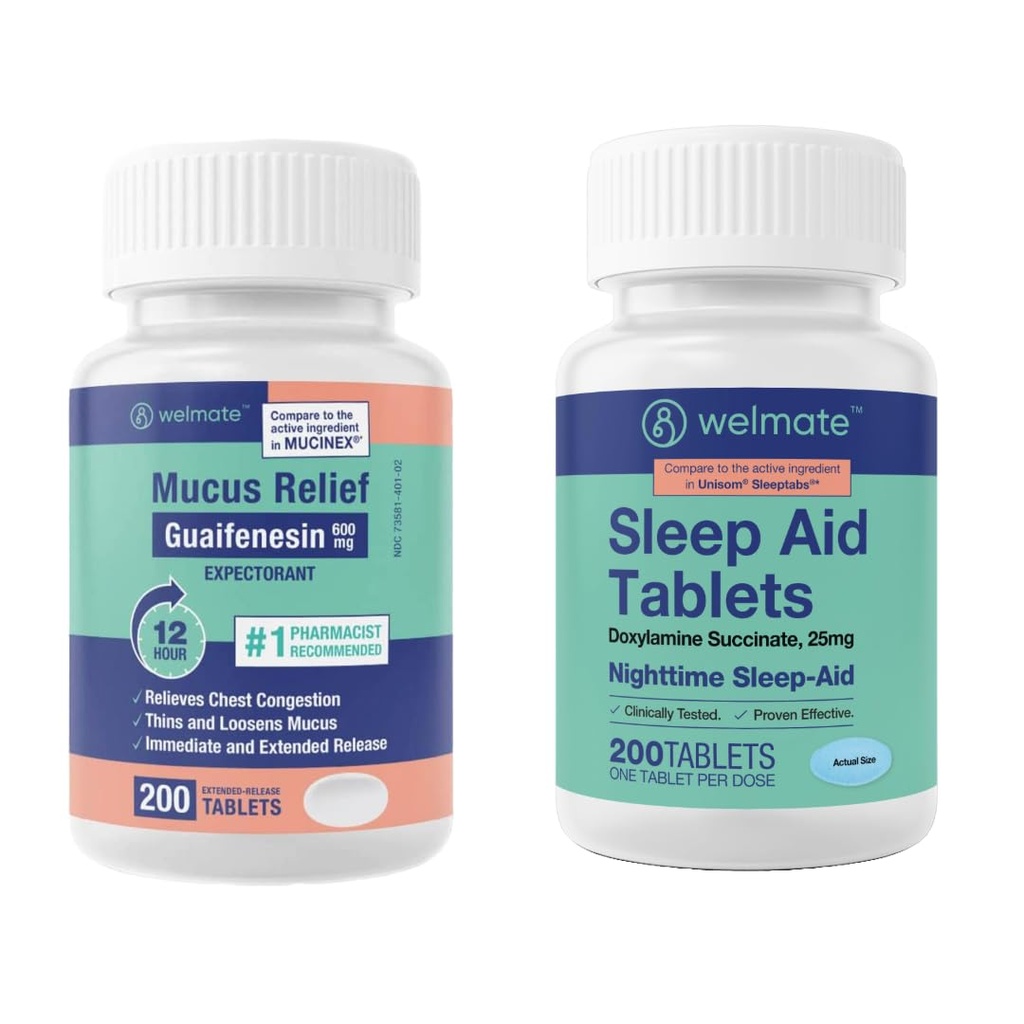 WELMATE 야간 웰니스 번들: Mucus 기복 Guaifenesin 600mg Mucus 기복 (200 Ct) & Doxylamine Succinate 25mg Sleep Aid (200 Ct)|완벽한 잠을 위한 장시간 기복
