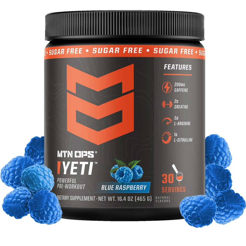 MTN OPS Yeti Pre-Workout 분말 Creatine, 200mg Caffeine & Beta Alanine, 30-Serving Tub, 블루 라즈베리와 함께 에너지 음료