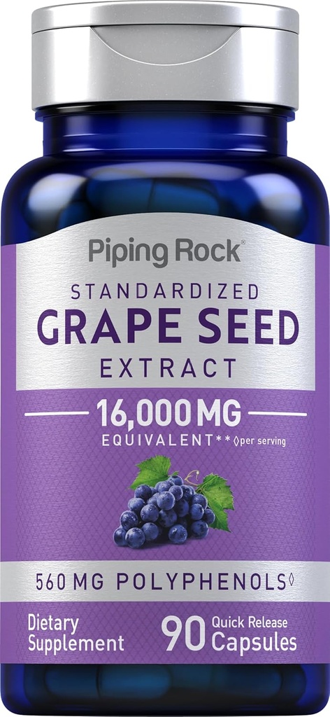 배관 바위 포도 씨앗 추출물 캡슐 | 16,000mg | 90 알약 | Vitis Vinifera Supplement | Non-GMO, 글루텐 무료