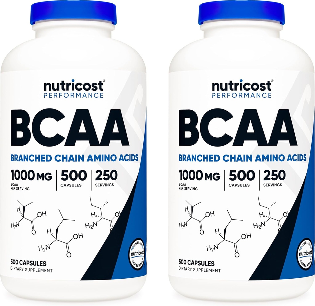 Nutricost BCAA 1000mg, 500 캡슐 (250 봉사), 2 : 1 분지 체인 아미노산 (L-Leucine의 500mg, L-Isoleucine 및 L-Valine의 250mg) (2 병)