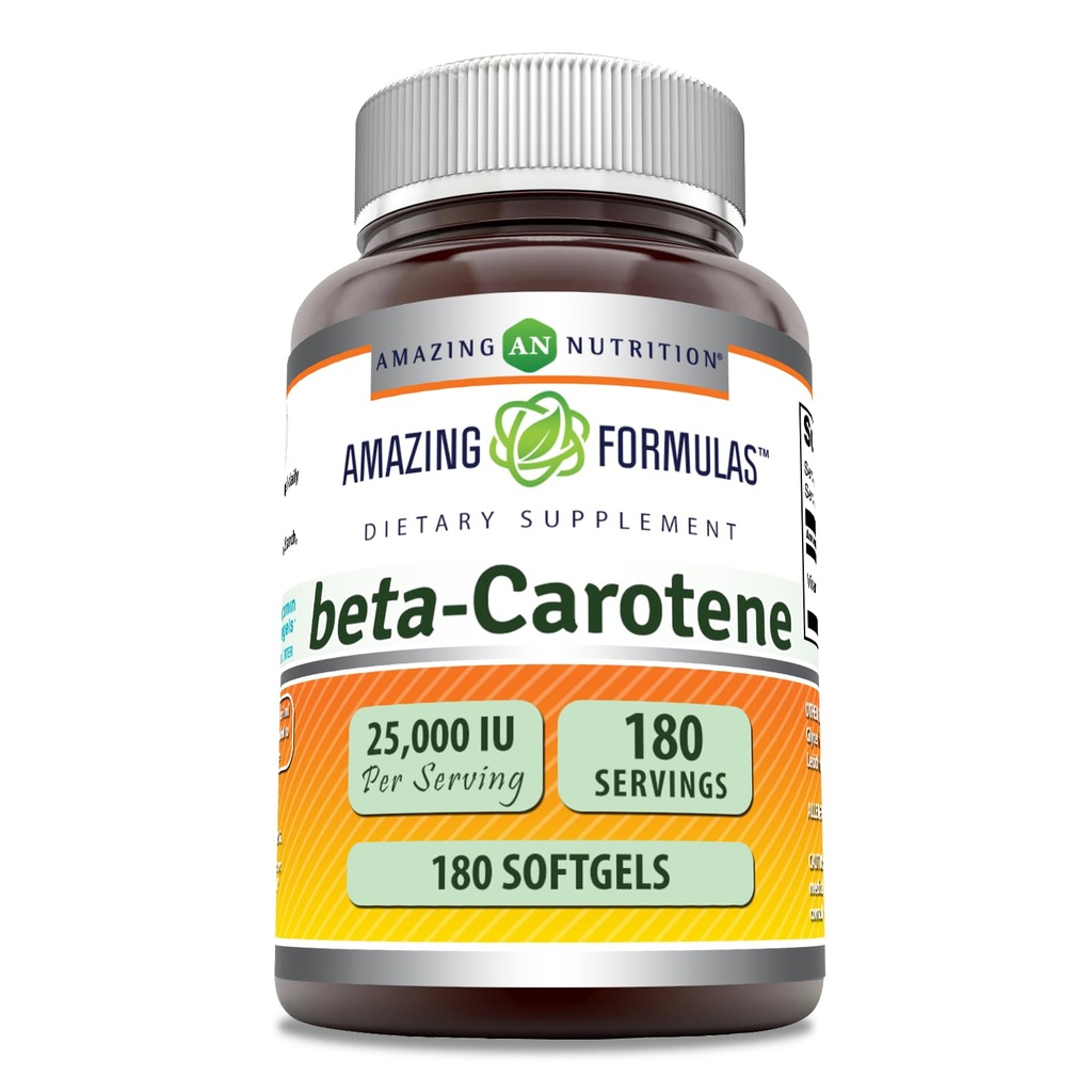 Amazing Formulas Beta-Carotene Supplement | 25000 IU per 서빙 | 180 Softgels | Non-GMO | 글루텐 프리 | 미국