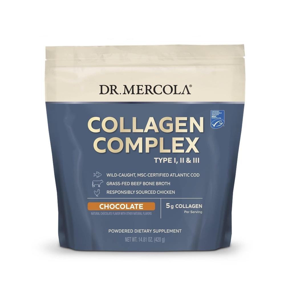 Mercola Collagen Complex Powder 박사 - 피부 탄력성 및 관절 기능 지원 - 멀티 소스 교원질 유형 I II III - 10.89 oz (30 서빙) - 초콜릿