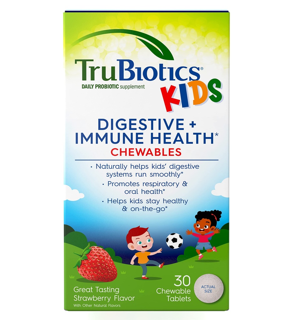 어린이 소화 및 면역 건강 지원을위한 TruBiotics Probiotics, Sugar-Free Chewable Kids Probiotics는 건강한 Tummy, Natural Strawberry 풍미, 30 정제를 유지합니다.