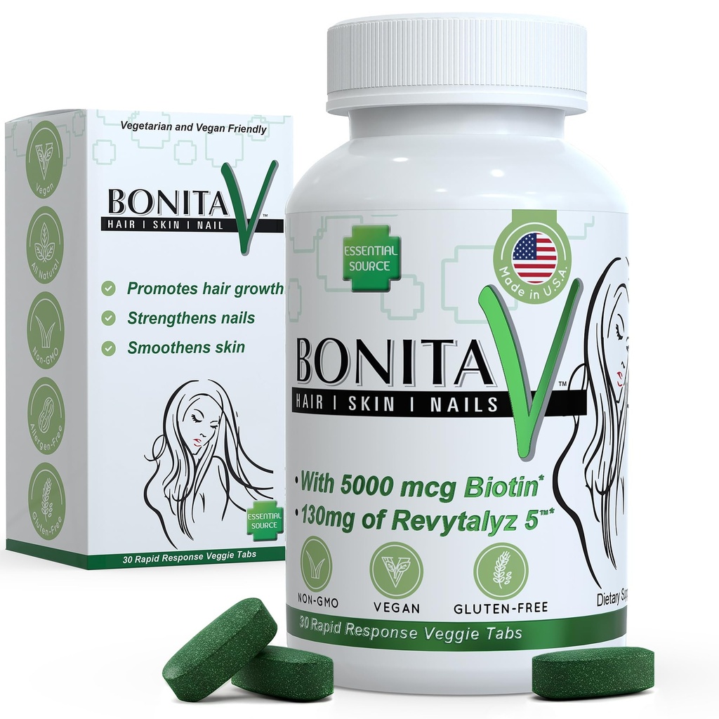 필수 소스 Biotin (Biotina Vitaminas) - 여성 및 남성을위한 헤어 스킨 네이트 비타민 - 5000 mcg - 머리 성장 지원 보충제 - 30 정제 - Revytalyz 5, 비타민 A, C, B12 - 미국에서 만든