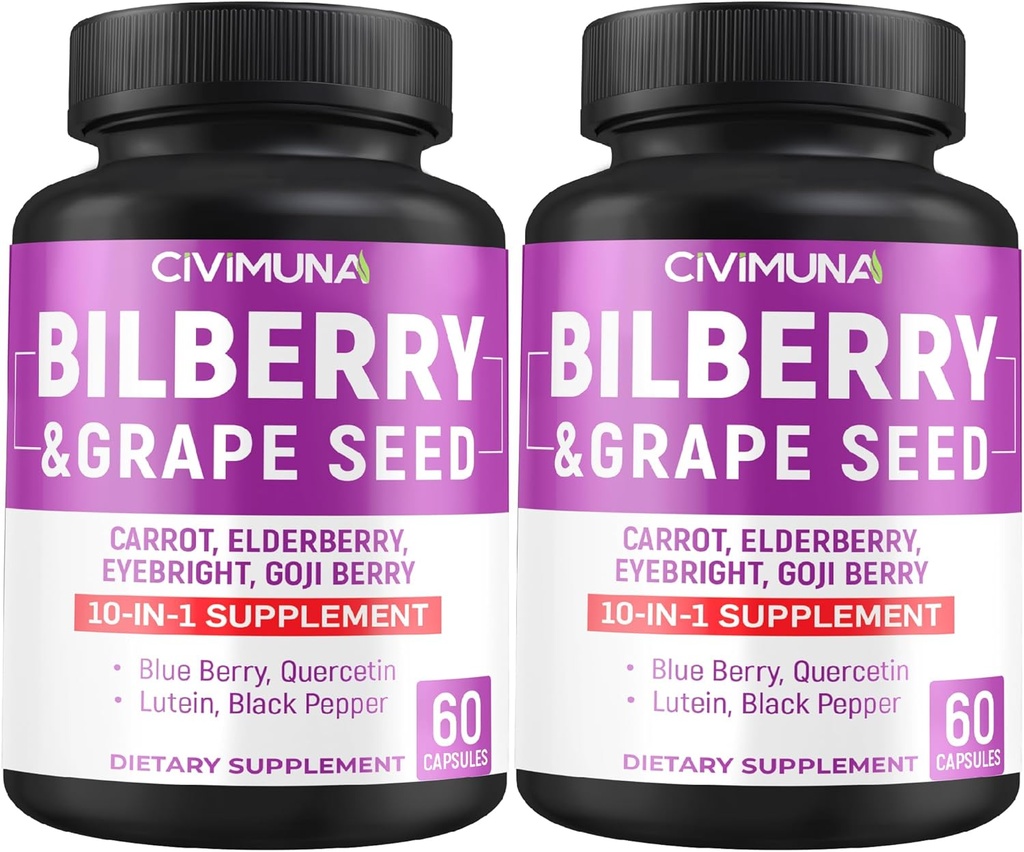 Bilberry, 포도 씨앗, 당근, Elderberry 및 더 많은 Bilberry 캡슐 - 120 캡슐 forr 4 개월 공급 (팩 2)