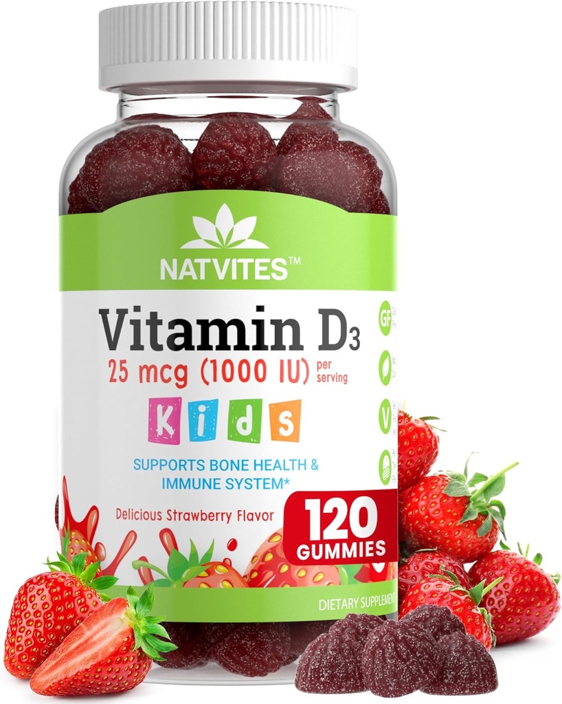 아이를 위한 비타민 D3 Gummies - 비타민 D 1000 IU Pectin Gummy - 딸기 맛있게 - 뼈 건강과 면역 지원 보충교재 - 비 GMO, 글루텐 자유로운, Vegan, 견과 & 낙농장은 해방합니다 - 120의 조사 (1의 포장)