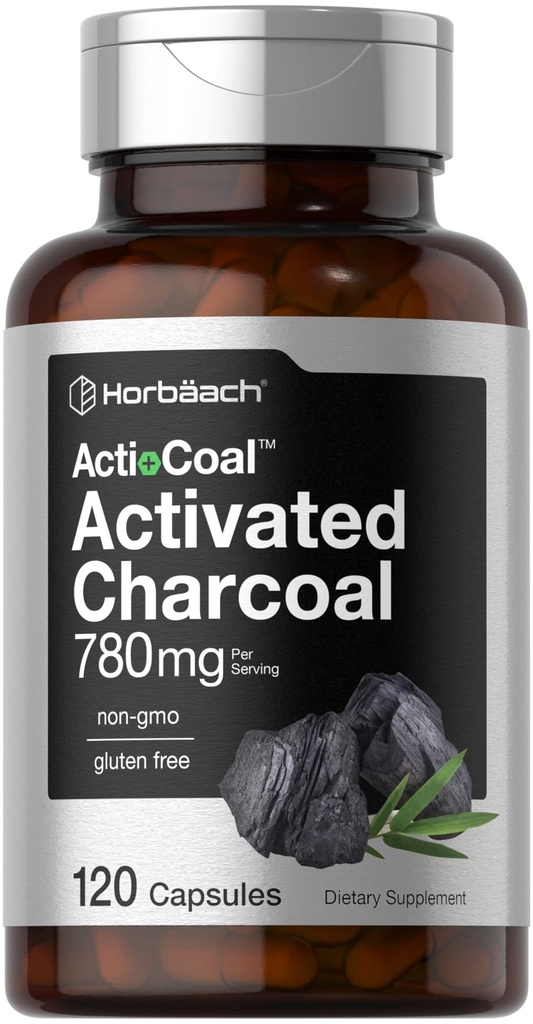 Horbäach Charcoal 알약 780mg | 120 캡슐 | 코코넛 쉘에서 활성화 된 숯 | 비 GMO 및 글루텐 무료 | Acti-Coal