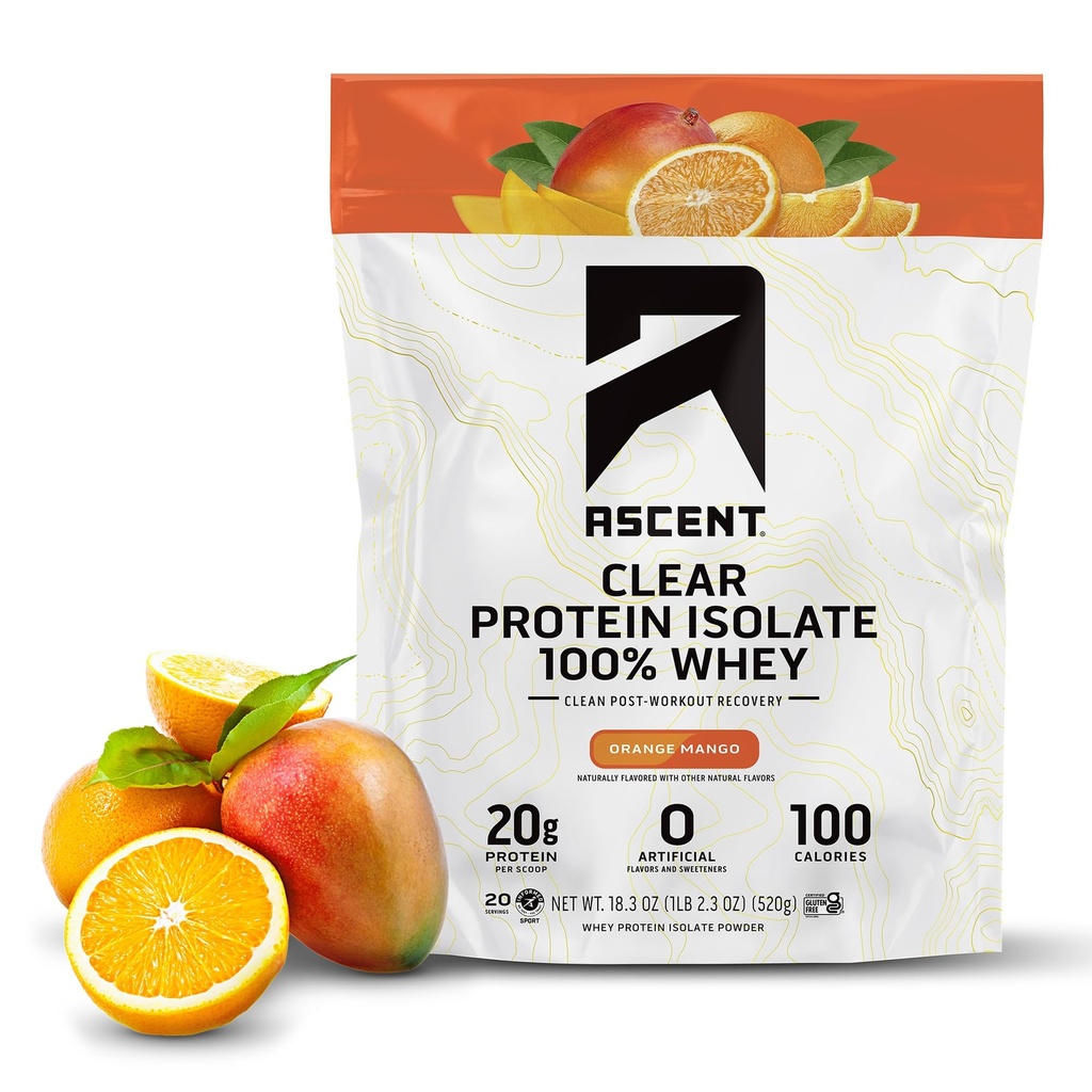 Ascent 100 % Clear Whey Protein Powder - 포스트 운동, Zero 인공 향료 및 감미료, 글루텐 무료, 5.5g BCAA, 2.1g Leucine, 필수 아미노산, 오렌지 망고, 20 서빙