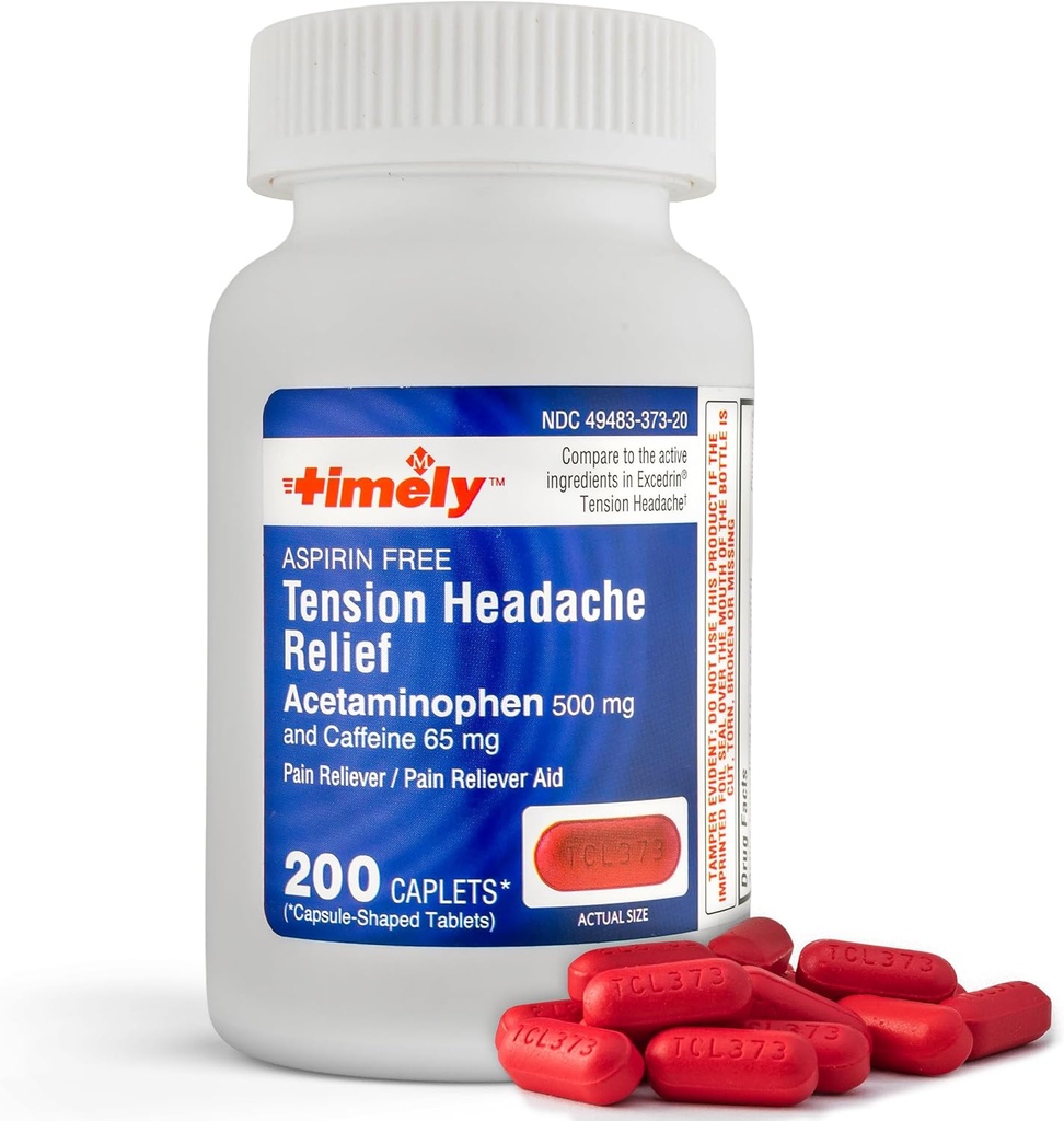 적시 - 200의 모자 - 긴장 두통 및 Acetaminophen 500 mg 및 Caffeine를 가진 고통 Reliever 머리, 목, 어깨 및 몸 고통 Reliever, 아스피린 자유로운 - 미국에서 만드는