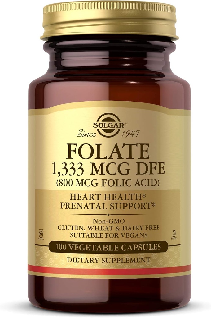 Solgar Folate 1,333 mcg Dietary Folate 동등한 (800 mcg Folic 산), 100 식물성 캡슐 - 심장 건강, 건강한 신경 시스템, Prenatal 지원 - 비 GMO, Vegan, 글루텐 무료 - 100 서빙