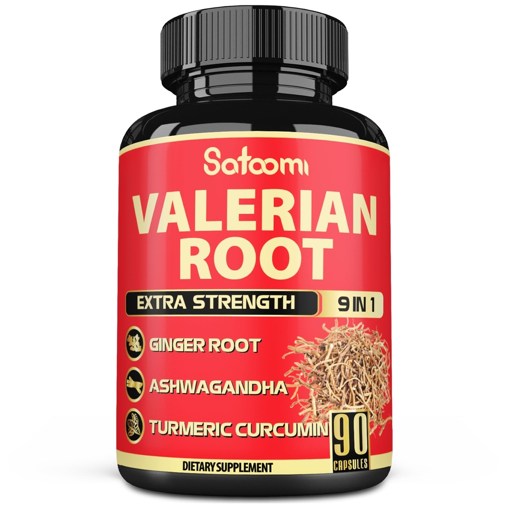 Satoomi Valerian 뿌리 캡슐 - 9 자연 허브 - Ashwagandha, Turmeric, Ginger, Ceylon Cinnamon - 3 개월 공급을위한 90 모자
