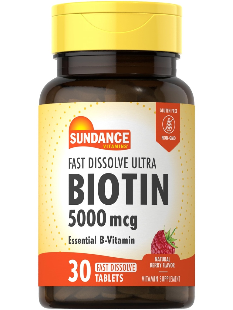 Sundance 빠른 용해 Biotin 5000mcg | 30 정제 | Essential B-Vitamin | 천연 베리 맛 | 채식주의, 비 GMO 및 글루텐 무료 보충