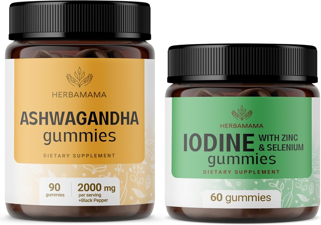 HERBAMAMA Ashwagandha 및 Iodine 키트 - 2000 mg Ashwagandha 뿌리 및 칼륨 Iodine, 아연 및 셀레늄 Gummies의 번들 - Vegan, Non-GMO, Gelatin-Free - 2 팩