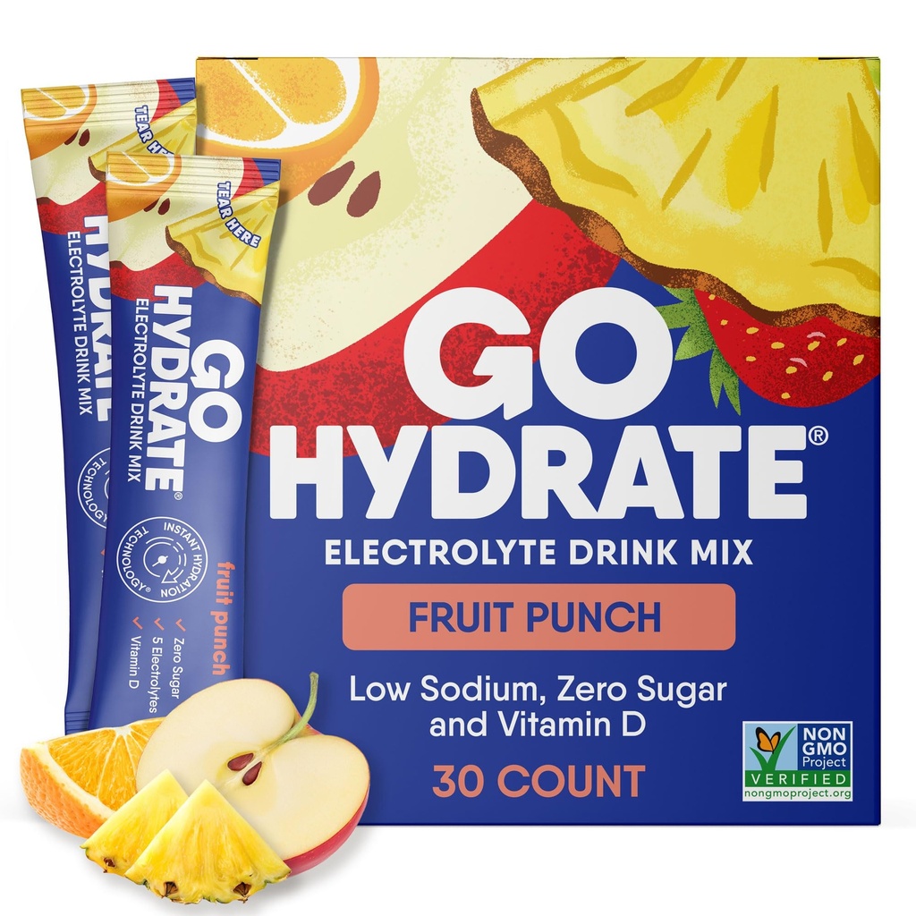 GoHydrate Instant Hydration Powder Packets - 낮은 나트륨 Electrolytes 음료 믹스 - 천연 수분 지원, 설탕 무료 비타민 D, 30 팩, 과일 펀치와 함께 맛 분말 음료