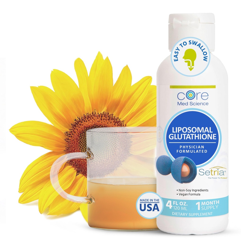 핵심 Med 과학 Liposomal 글루타티온 액체 보충교재 (500mg, 4 Fl Oz) - Phospholipid Complex를 가진 순수한 감소된 Setria - 에너지, 뇌 건강, 피부 & 간 건강을 위한 산화 방지제 보충교재