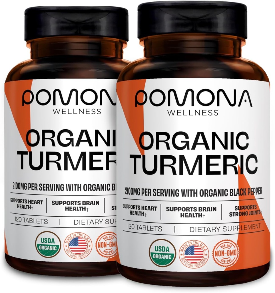 Pomona 웰니스 유기 심황 보충교재 2100 mg, USDA 유기, 비 GMO, 채식주의자, 흡수를 위한 까만 고추를 가진 심황 쿠르쿠민, 합동 지원과 면제를 위한 240의 정제 (2 팩)