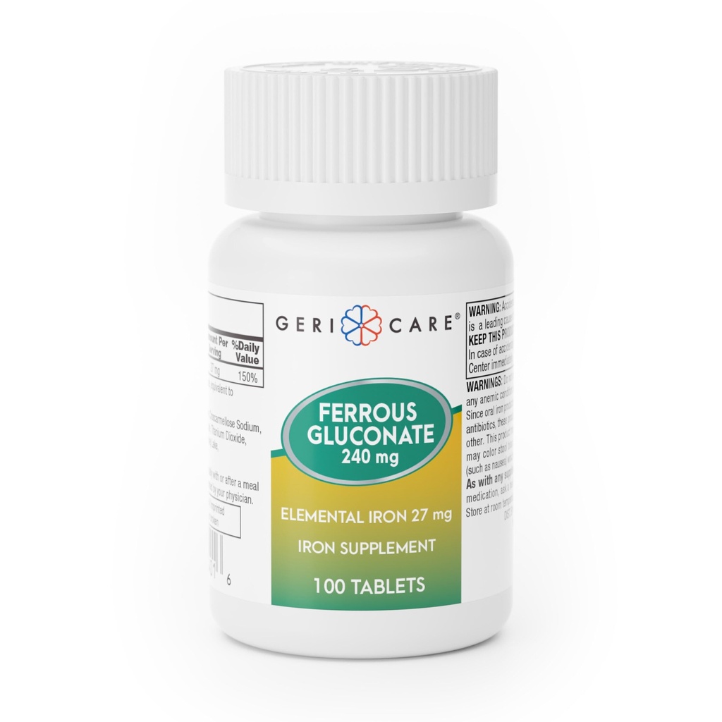 Gericare 철 27mg Ferrous Gluconate 240mg의 철 & 에너지 보충교재, 100개의 조사 (1의 포장)