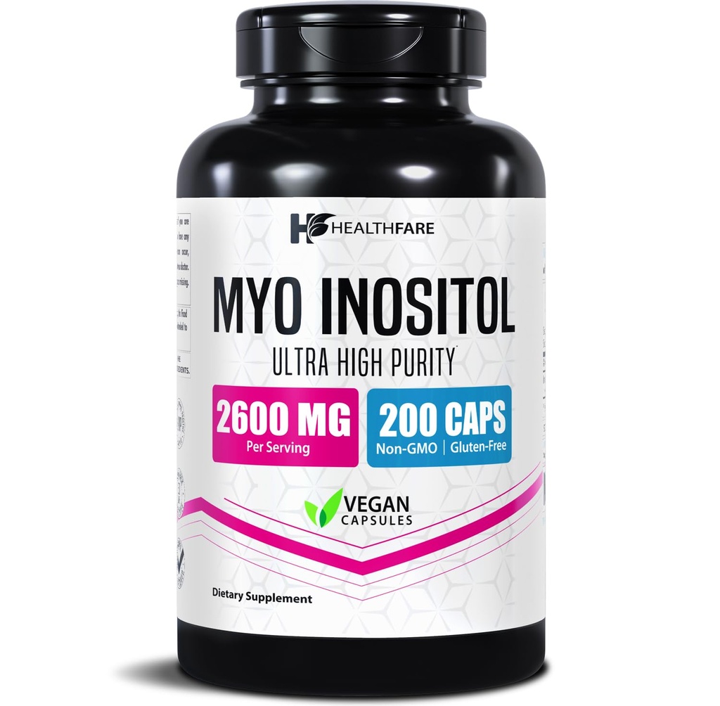 Healthfare Myo Inositol 보충교재, 2600mg | 200 Veg 캡슐 | 매우 힘 | 여성을 위한 건강한 타원형 지원 | 여성을 위한 비타민 B8
