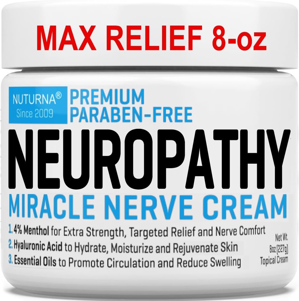 Neuropathy Nerve Relief Cream - Targeted Relief 및 Soothing Nerve Comfort을위한 프리미엄 Nerve Cream 3X 액션 - 4 % Menthol, 발 손 다리 발가락 및 뒤를위한 MSM과 최대 강도 - 슈퍼 대형 8 Oz