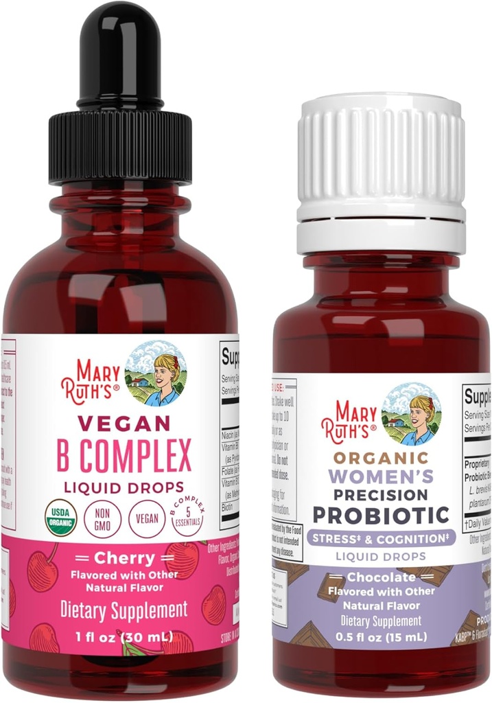 MaryRuth Organics Stress & Cognition Probiotic (Chocolate) for Women & B Complex Drops | USDA Organic, Clean Label Project Verified® | Relaxation, Metabolism, & Health의 비타민 | Vegan, 글루텐