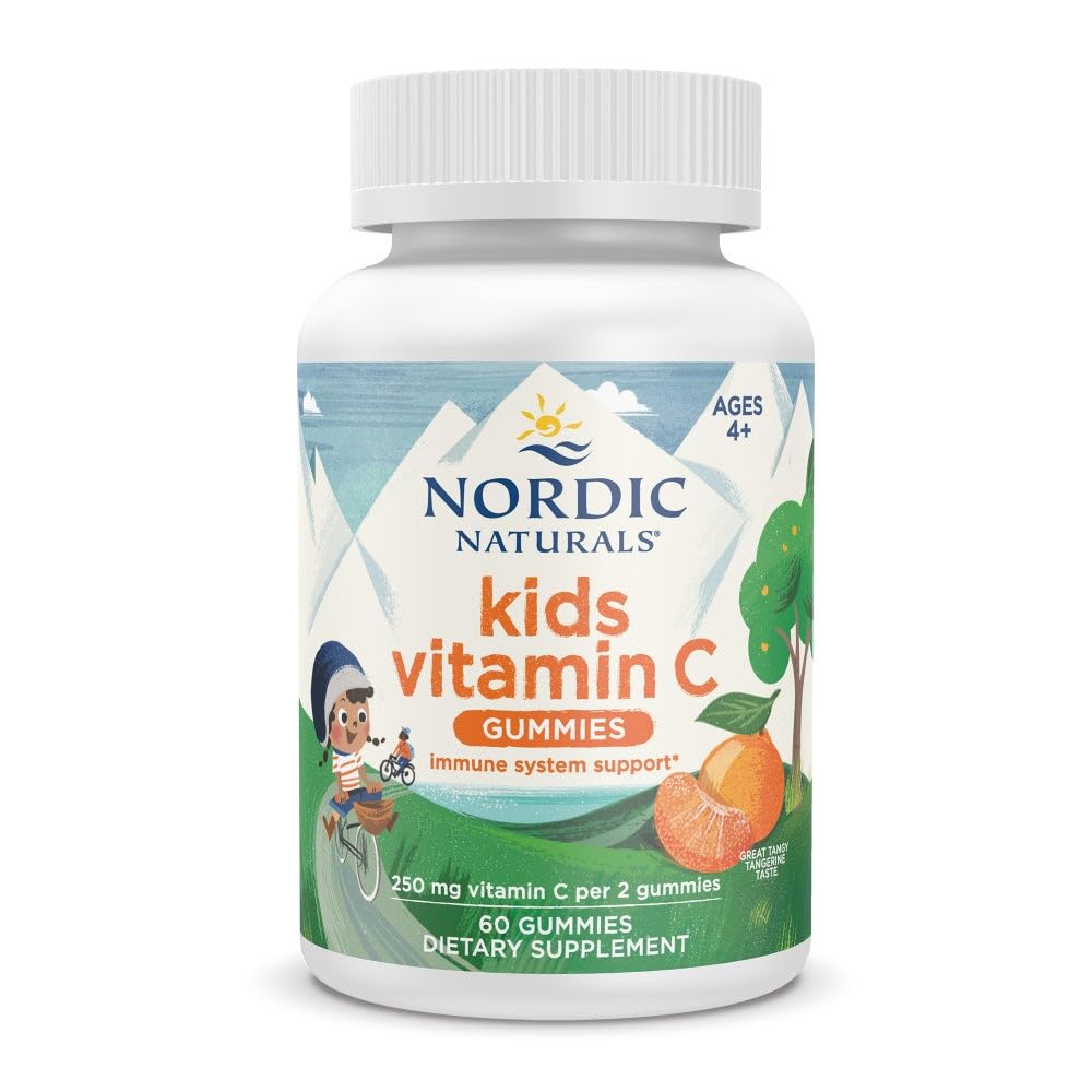 Nordic Naturals Kids Vitamin C Gummies - Tangy Tangerine - 60 Gummies - Vegan Vitamin C Supplement - 어린이 면역 및 산화 방지제 지원 - 봉사 당 250 mg - 30 서빙
