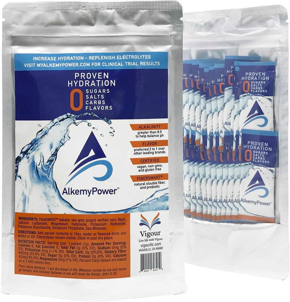 AlkemyPowerTM Hydration 전해질 분말, 설탕 없음, 소금, 양탄자, 풍미 또는 칼로리, 100% 자연적인, 편리한 지팡이 팩, 30 조사
