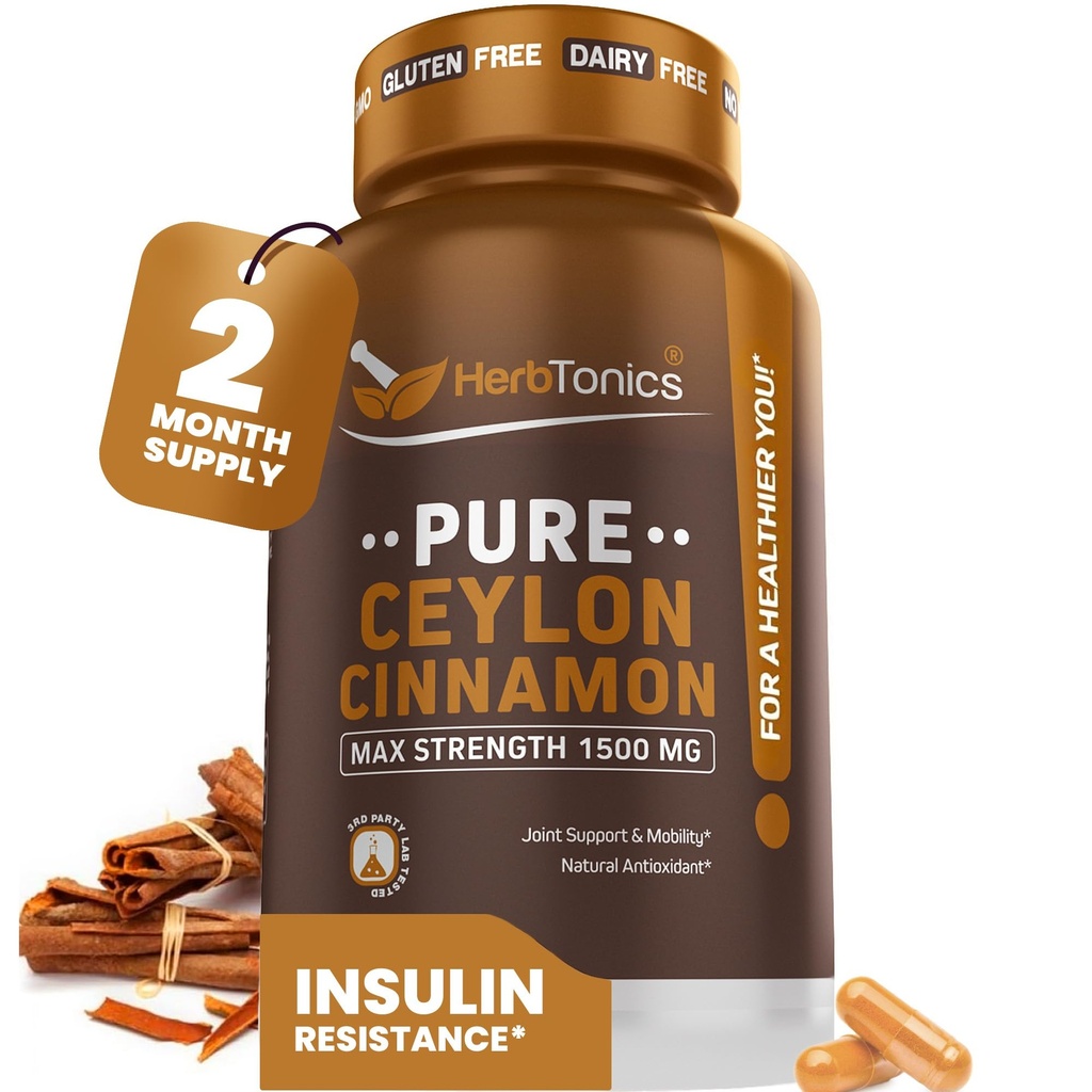 Herbtonics Pure Ceylon Cinnamon 캡슐 | 면역 체계, 건강한 무게 관리 | Non-GMO, 글루텐 프리 | 1500 Mg - 120 캡슐