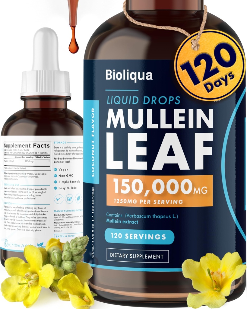 Lungs 용 생수 Mullein Drops - 4fl oz Tincture 당 150,000mg의 고강도 - 복용량 당 1,250mg의 120 서빙 - Lung Detox & Bronchial Cleanse - 코코넛 풍미
