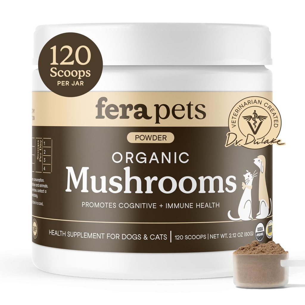 Fera Pets Mushroom Supplement for Dogs & Cats with Turkey Tail - USDA Organic - Cognitive and Immune Support - 향상된 Liver 기능 - 건강한 Gut - 분말 - 120 Scoops