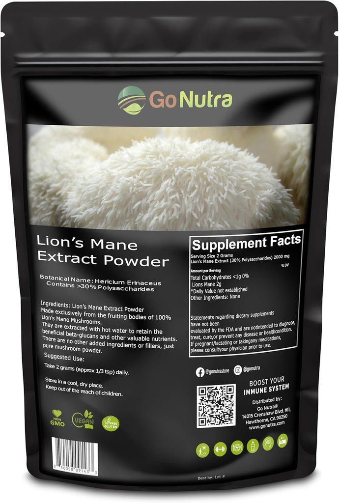 고 Nutra - 사자 Mane 분말, 유력한 10 : 1 사자 Mane 버섯 분말 30 % 다당류, 차, 주스, 물 및 기타를위한 순수한 사자 Mane 추출물, 비 GMO, Vegan, 8 oz