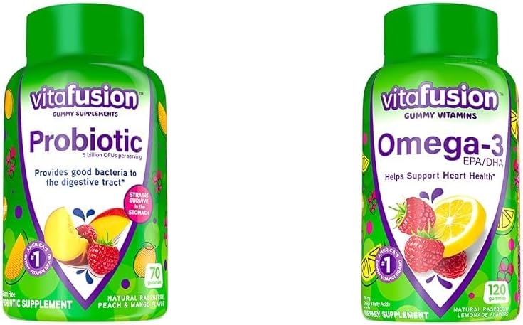 Vitafusion Probiotic Gummy 보조 식품, 라즈베리, 복숭아 및 망고 맛 & 오메가-3 거미 비타민, Berry Lemonade 맛, 심장 건강 비타민 (1) 오메가