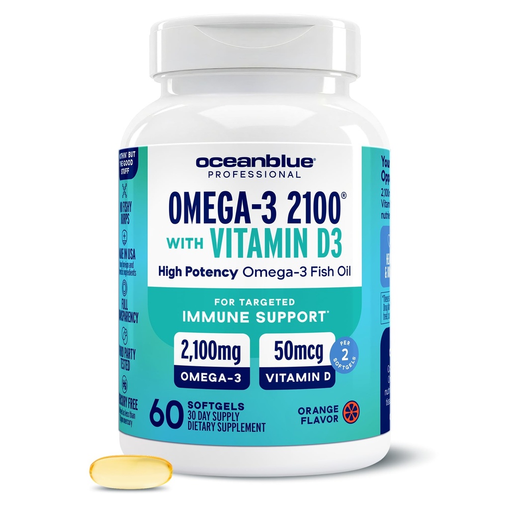 Oceanblue 직업적인 Omega-3 2100 비타민 D3 – 60 ct – 높은 순수성 EPA, DHA, DPA 및 비타민 D3를 가진 3배 힘 Burpless 물고기 기름 보충교재 – 야생 잡초 – 오렌지 풍미 (30의 서빙)