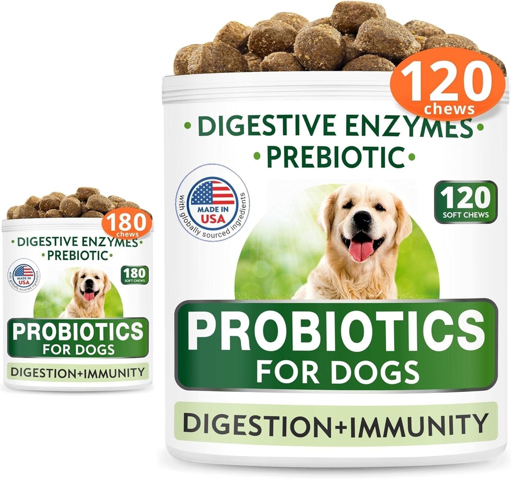 개 Probiotics Chews 번들 - 가스, 설사, 알레르기, 변비, 소화 효소 + Prebiotics와 함께 위장 구호, - Chewable 섬유 보충 - 소화 개선, 면역 - 300 소프트 체스