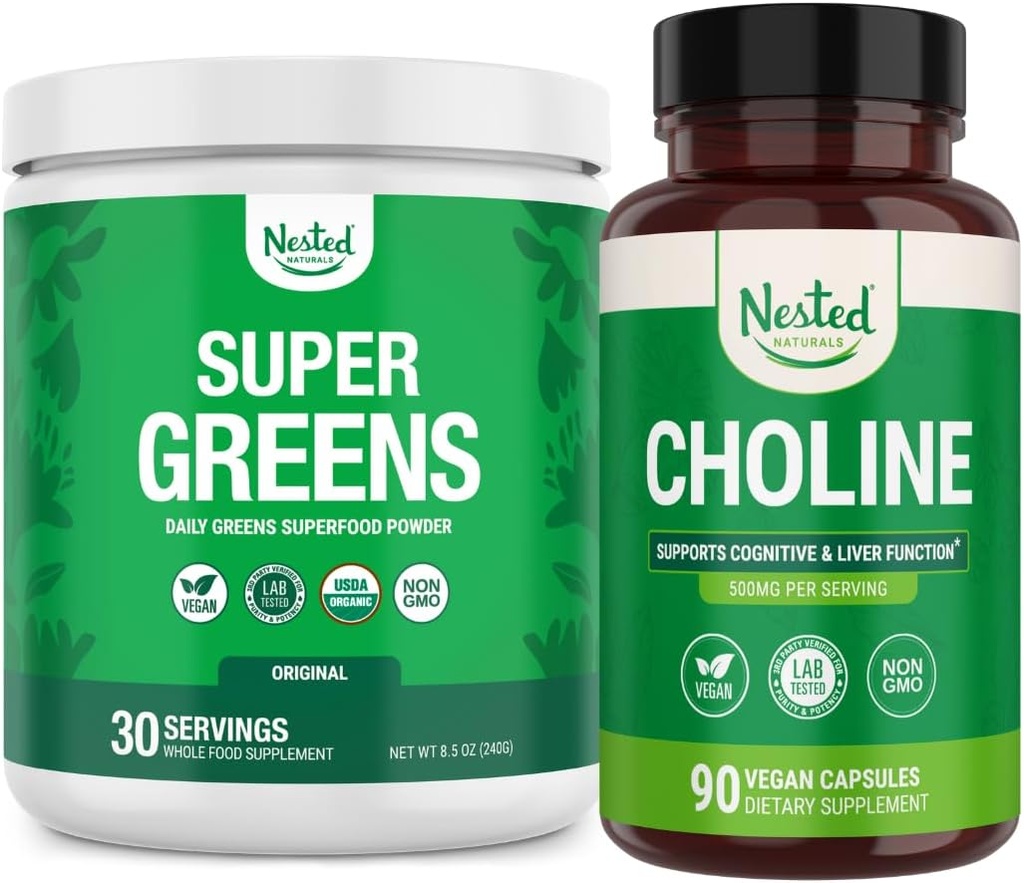 Nested Naturals Super Greens & Choline 번들 | Cognitive Function & Clean Energy를 위한 Probiotics & Fiber & Choline Bitartrate와 슈퍼 푸드 파우더