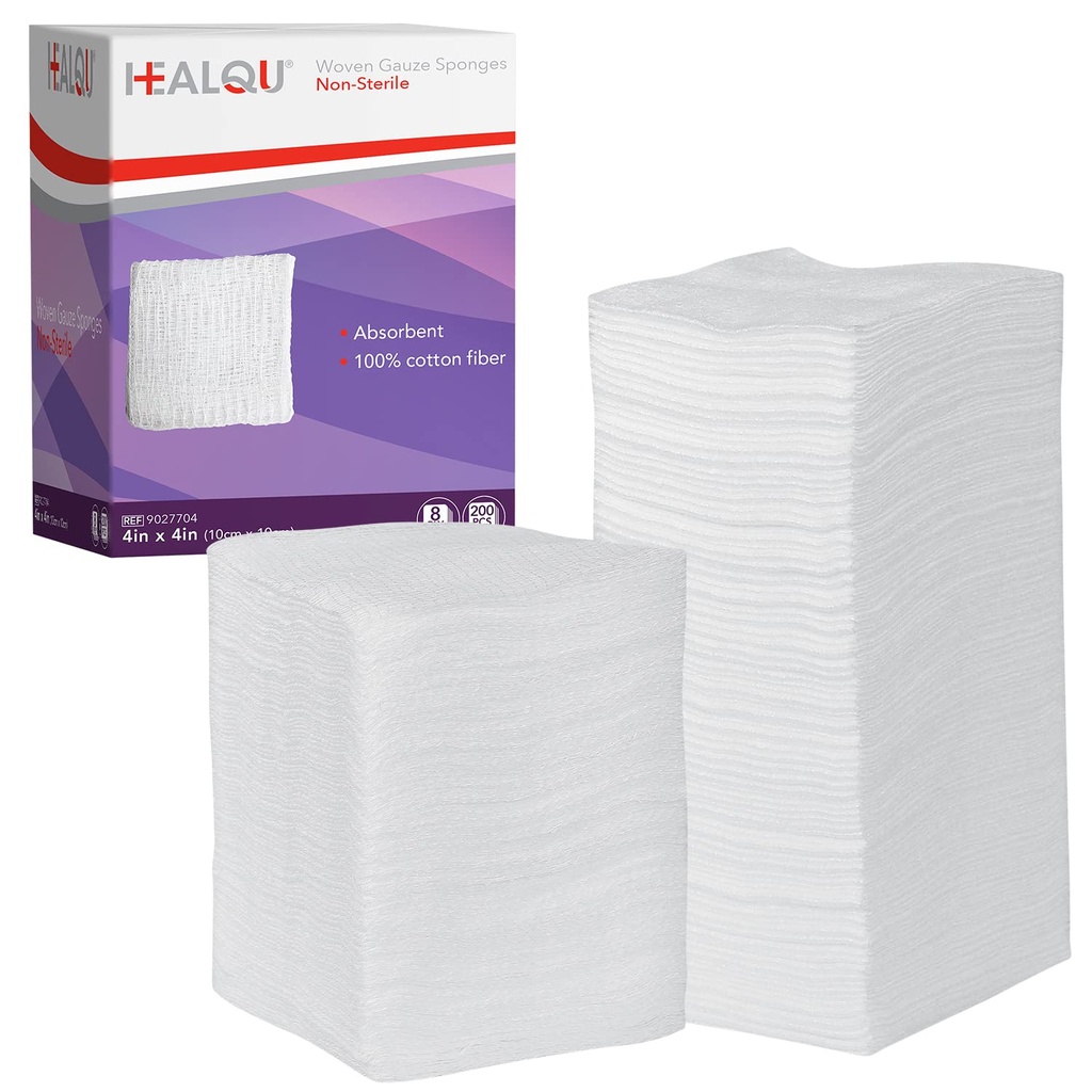 HEALQU 4x4 가우제 패드 - 200의 12 Ply 길쌈된 팩 - 부상 드레싱, Debridement, 청소 및 Prepping를 위한 매우 흡수성 연약한 비 메마른 외과 갯솜