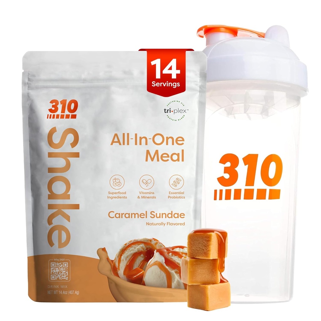 310 영양 올인원 식사 교체 쉐이크 파우더 w / 쉐이커 컵 스타터 키트 - 고단백 섬유 리치 Vegan Superfood Blend - Sugar-Free, Keto & Paleo Friendly, Low Carb - Caramel Sundae 14 srv