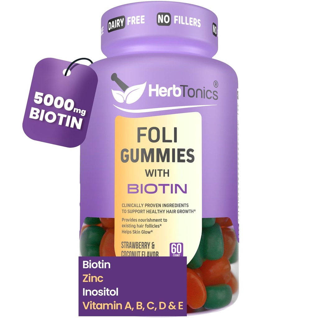 허브토닉 Foli Biotin Gummies with Hair Vitamins | 여성용 머리 성장 보충교재 | 여성용 머리, 피부와 손톱 비타민 Sugarfree Gummies | 60 개
